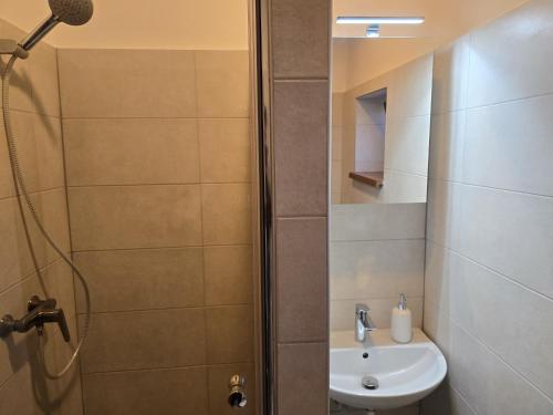 a small bathroom with a sink and a shower at Penzión Pegas in Bratislava