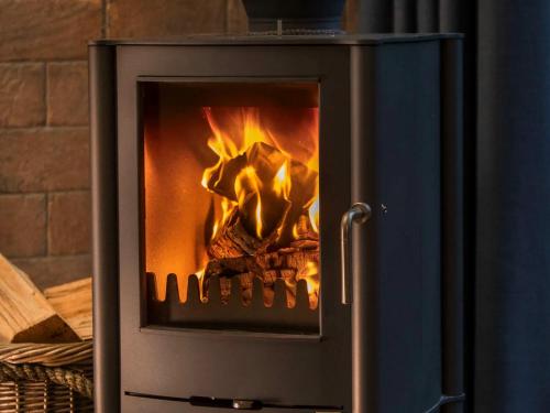 a stove with a fire inside of it at Thorpe Forest Cabins - Forest Holidays in Thetford
