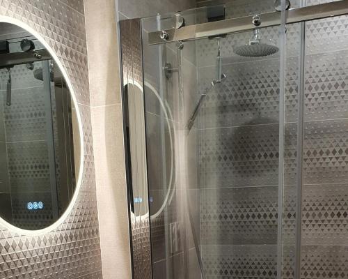 une douche dans une salle de bain avec un miroir dans l'établissement Superbe appartement à Strasbourg, à Strasbourg