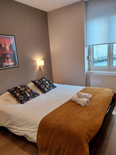 une chambre avec deux lits avec des serviettes dessus dans l'établissement Superbe appartement à Strasbourg, à Strasbourg