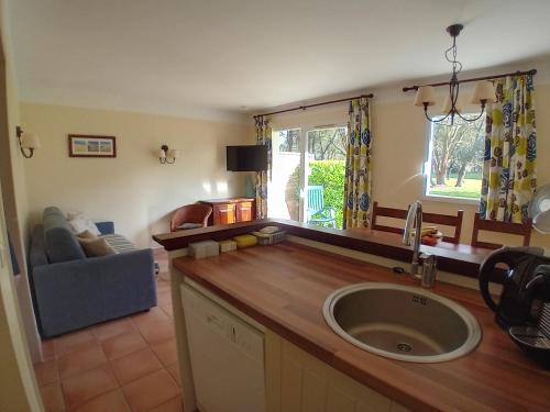 une cuisine avec un évier et un salon dans l'établissement Appartement T3 à Soustons plage - Animaux admis - FR-1-239-1109, à Soustons