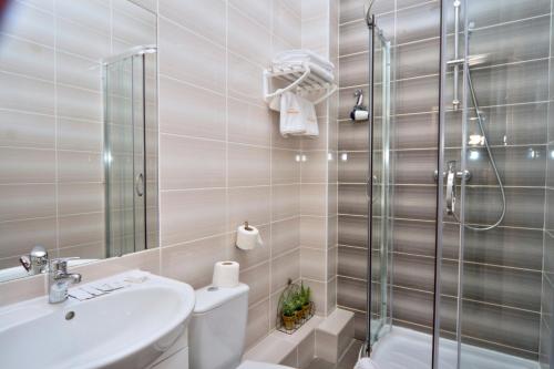 a bathroom with a shower and a toilet and a sink at Golden Gate Inn in Kyiv