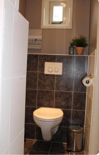 a small bathroom with a toilet and a window at Warmhuisje in Warmenhuizen