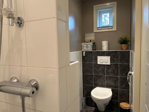 a small bathroom with a toilet and a window at Warmhuisje in Warmenhuizen