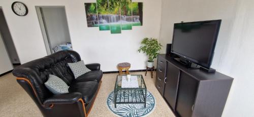 - un salon avec un canapé en cuir noir et une télévision à écran plat dans l'établissement Appartement au coeur du perche, à Val-au-Perche
