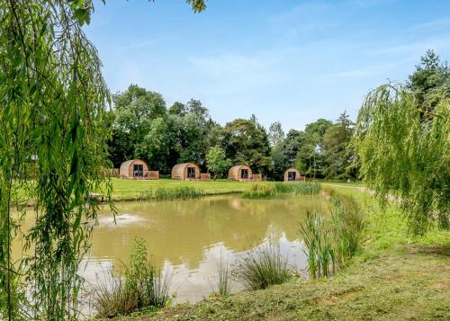 a pond in a park with buildings in the background at Killerby Old Hall in Scarborough