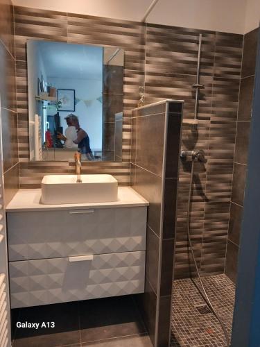 une salle de bain avec un lavabo, un miroir et une douche dans l'établissement villa zen en provence, à Velleron