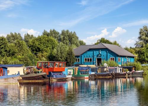 a blue house on a lake with boats docked at Roydon Marina Village in Roydon