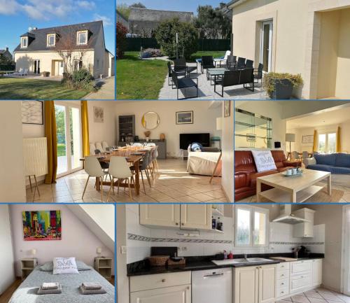 un collage de photos d'une cuisine et d'une maison dans l'établissement Villa des pontons Maison 5 chambres avec grand jardin clos et belle terrasse séjour spacieux lumineux à 2 kms de la plage d'Arromanches près de Bayeux, Omaha beach - table de ping pong - garage, à Tracy-sur-Mer