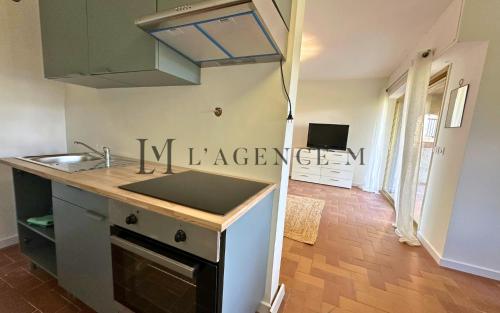 une cuisine avec un évier et un plan de travail dans l'établissement Appartement Lugaro Paisible & charmant, à Calvi