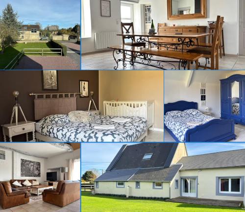 un collage de quatre photos d'une maison dans l'établissement Rivage Maison spacieuse 10 p 5 chambres 2 sdb 2 WC tout confort avec jardin, belle terrasse aménagée, parking privatif, à 3km d'Omaha Beach et Port en Bessin, à Le Grand-Hameau