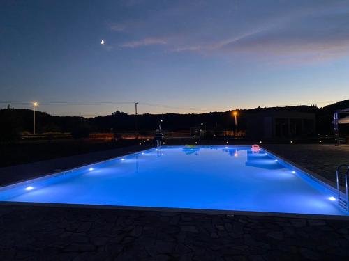 a large swimming pool with blue lighting at night at Vians Olympia Resort in Olympia