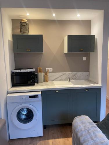 une cuisine avec une machine à laver et un évier dans l'établissement Vivez le Centre-ville et la Mer en Harmonie, appartement 1 chambre, à Saint-Valery-en-Caux
