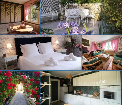 un collage de photos avec un lit et des fleurs dans l'établissement La roseliere Maison plain pied confortable belle décoration jardin magnifique 10 mn a pied centre ville Bayeux proche plages du débarquement, à Bayeux