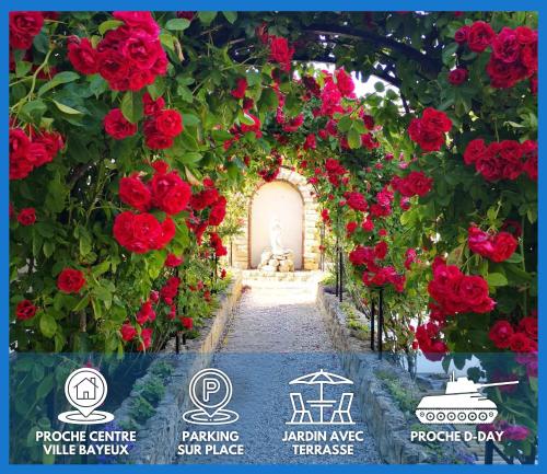 La roseliere Maison plain pied confortable belle décoration jardin magnifique 10 mn a pied centre ville Bayeux proche plages du débarquement