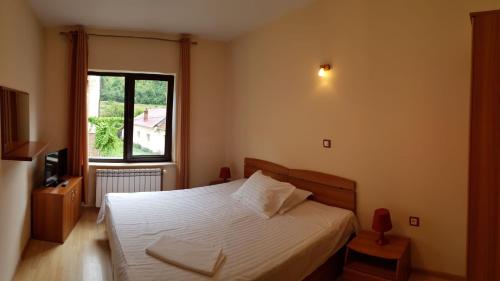 a bedroom with a white bed and a window at Pension Camelia in Băile Herculane