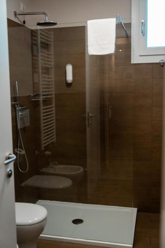 a bathroom with a shower with a toilet and a sink at Spa Hotel Splendid Sole in Manerba del Garda