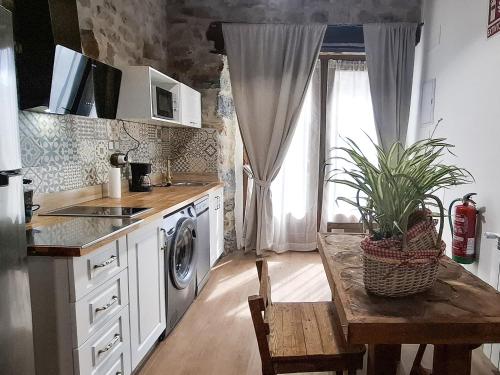 a kitchen with white cabinets and a table with a plant at Casa Entrepeñas 3000 in Villegar