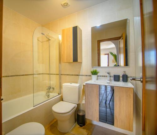 a bathroom with a toilet and a sink and a mirror at Mediterranea 15 Plaomares, 2 dormitorios 2 baños in Cuevas del Almanzora