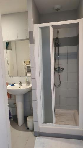 une salle de bain avec douche et lavabo dans l'établissement Appartement de caractère, au Château-dʼOléron