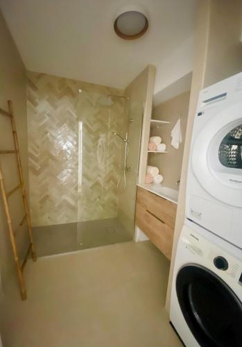 une salle de bain avec douche et machine à laver dans l'établissement Appartement 80m2, Le Mourillon, Toulon, à Toulon