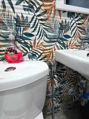 a bathroom with a toilet and a sink at Mamadear's Bed & Breakfast in Suizo