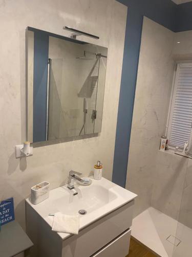 a bathroom with a sink and a mirror and a shower at Fregene Tiny house close to the sea in Fregene