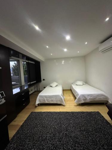 a bedroom with two beds and a rug at Luxury Apartment Hot Tub in South Cali in Cali