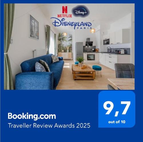 a living room with a blue couch and a kitchen at Cosy Apartment - Parking, Garden,10mn from Disneyland! in Montévrain