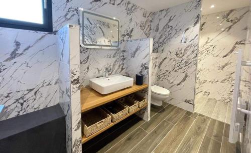 une salle de bain avec un lavabo et des toilettes dans l'établissement SUNWEB Chalet Mont Thabor, à La Toussuire