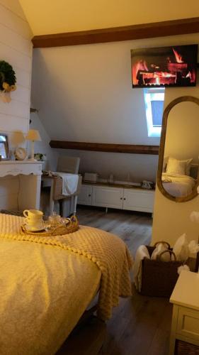 a bedroom with a bed and a large mirror at La Perle Semuroise in Semur-en-Auxois