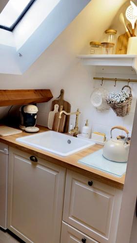 a kitchen with a sink and a counter at La Perle Semuroise in Semur-en-Auxois