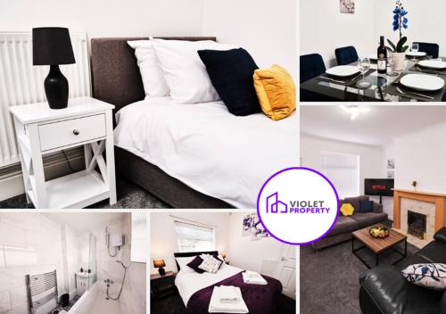 a collage of pictures of a bedroom with a bed at Cassia, 3 Bedrooms, Sleeps 5 in Norton Canes