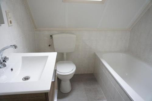 a bathroom with a toilet and a sink and a tub at Kustverhuur, Park Schoneveld stern 266 in Breskens