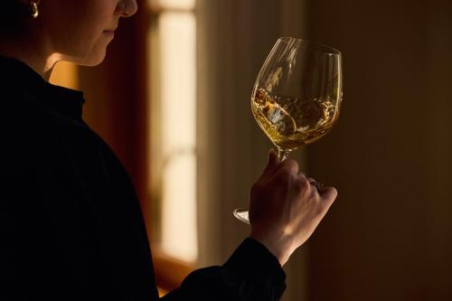 a woman is holding a glass of wine at Gast - und Kulturhaus Der Teufelhof Basel in Basel