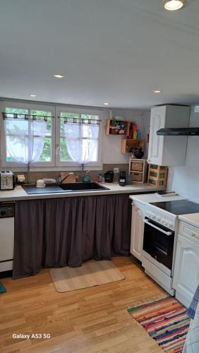 une cuisine avec un évier et un plan de travail dans l'établissement Les volets bleus, aux Angles