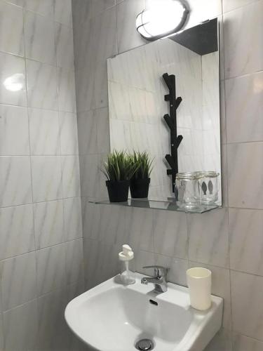 a bathroom with a sink and a mirror and plants at Casa Liaya Studios in Matala