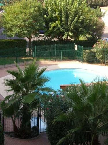une vue aérienne d'une piscine avec des palmiers dans l'établissement 150 MARINA BAY CAP D'AGDE Quartier Falaises proche plage T2 cabine avec place de parking et piscine, à Laure-Minervois