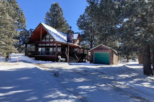 a house with a green garage in the snow at Painted Pony Cabin in Angel Fire