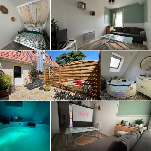 un collage de photos d'un salon et d'une maison dans l'établissement LE NID - Charmante petite maison avec balnéo, à Gambais
