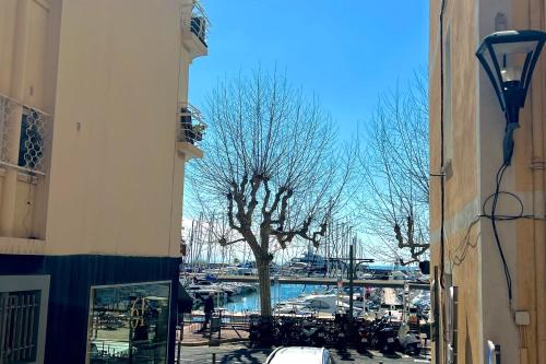 - une vue sur un port de plaisance avec un arbre et un bâtiment dans l'établissement Golfe-Juan 2 People Facing the Old Port, au Golfe-Juan