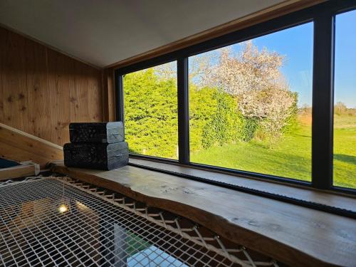 Cette chambre dispose d'une grande fenêtre et d'un banc avec des livres. dans l'établissement Le Nid Suspendu, à Parçay-les-Pins