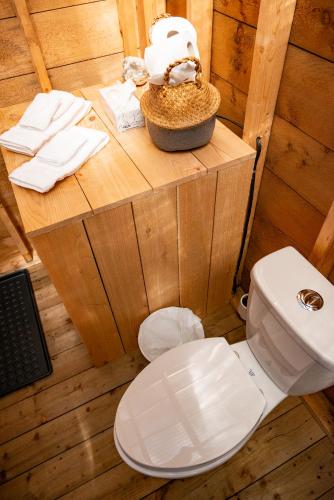 a bathroom with a toilet and towels on a table at Haida Gwaii Glamping in Tlell