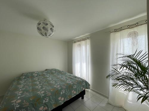 a bedroom with a bed and a potted plant at Chambre privée - Maison partagée in Saint-Martin-Belle-Roche