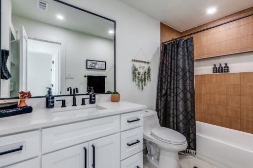 a bathroom with a toilet and a sink and a mirror at Green Retreat 3B 2B KING in Richardson