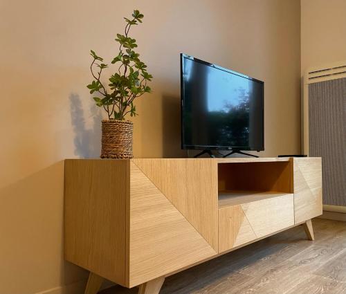 a flat screen tv on a wooden tv stand in a living room at Zenao Appart'hôtels Challans in Challans