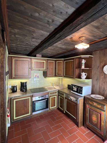 une grande cuisine avec des placards en bois dans l'établissement Gîte le Romantique, à Colmar