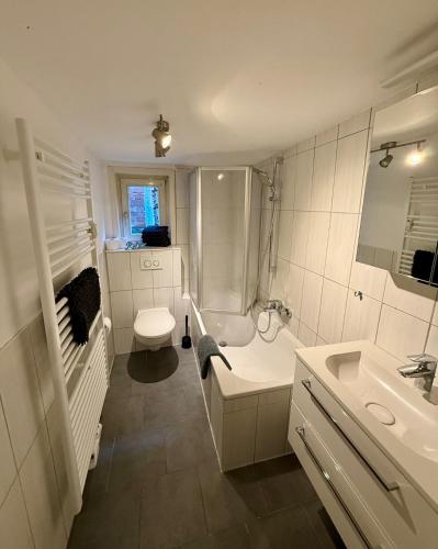 a bathroom with a toilet and a tub and a sink at Gemütlichkeit im Fachwerkhaus, 3 Schlafzimmer, Balkon, Parkplatz in Wolfhagen
