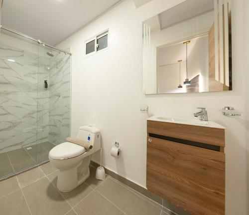 a bathroom with a toilet and a sink and a shower at Hotel Blu Sai in San Andrés
