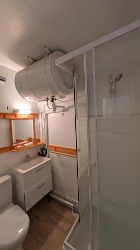 une salle de bain avec une douche, des toilettes et un lavabo dans l'établissement L'Étoile des Bains, Studio hyper centre Villers sur Mer, à Villers-sur-Mer